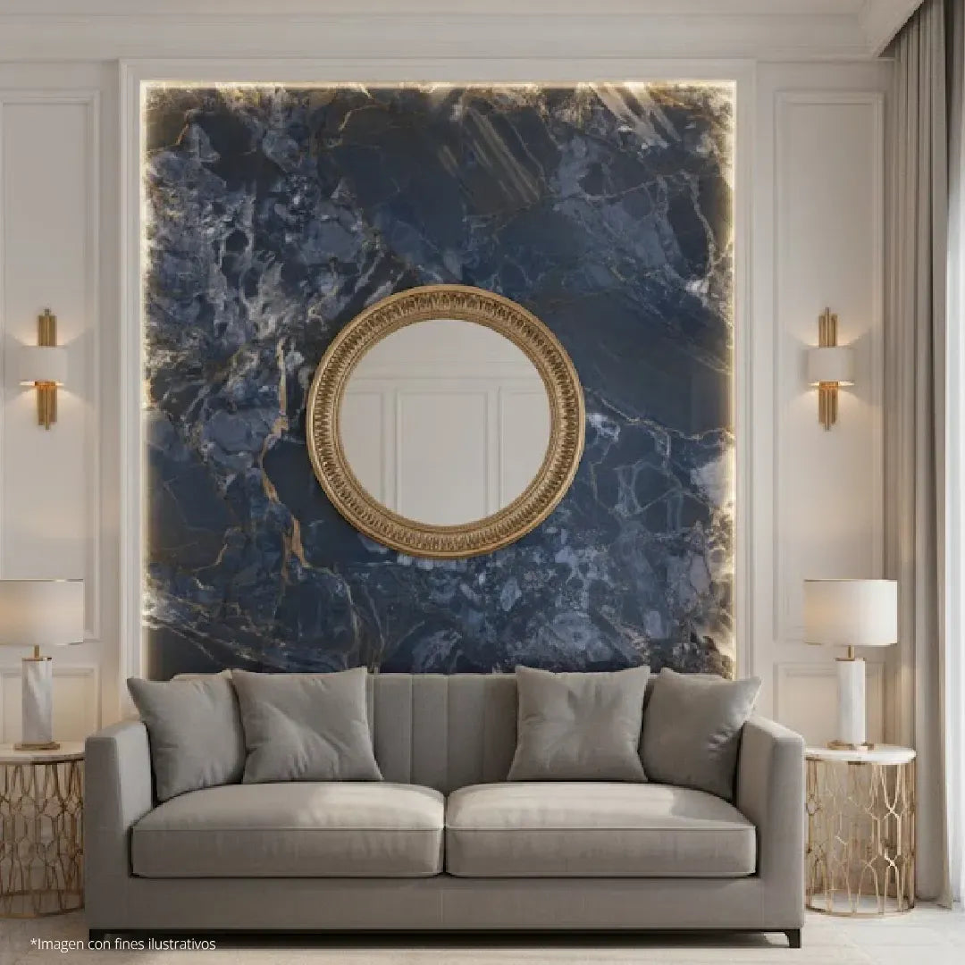 LÁMINA PVC - PANEL UV ESTILO MÁRMOL AZUL ESCALA VETA DORADA 1.22M X 2.44M / 3MM KL8291