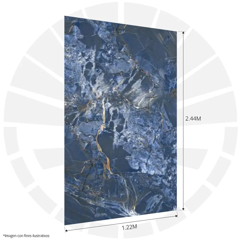 LÁMINA PVC - PANEL UV ESTILO MÁRMOL AZUL ESCALA VETA DORADA 1.22M X 2.44M / 3MM KL8291