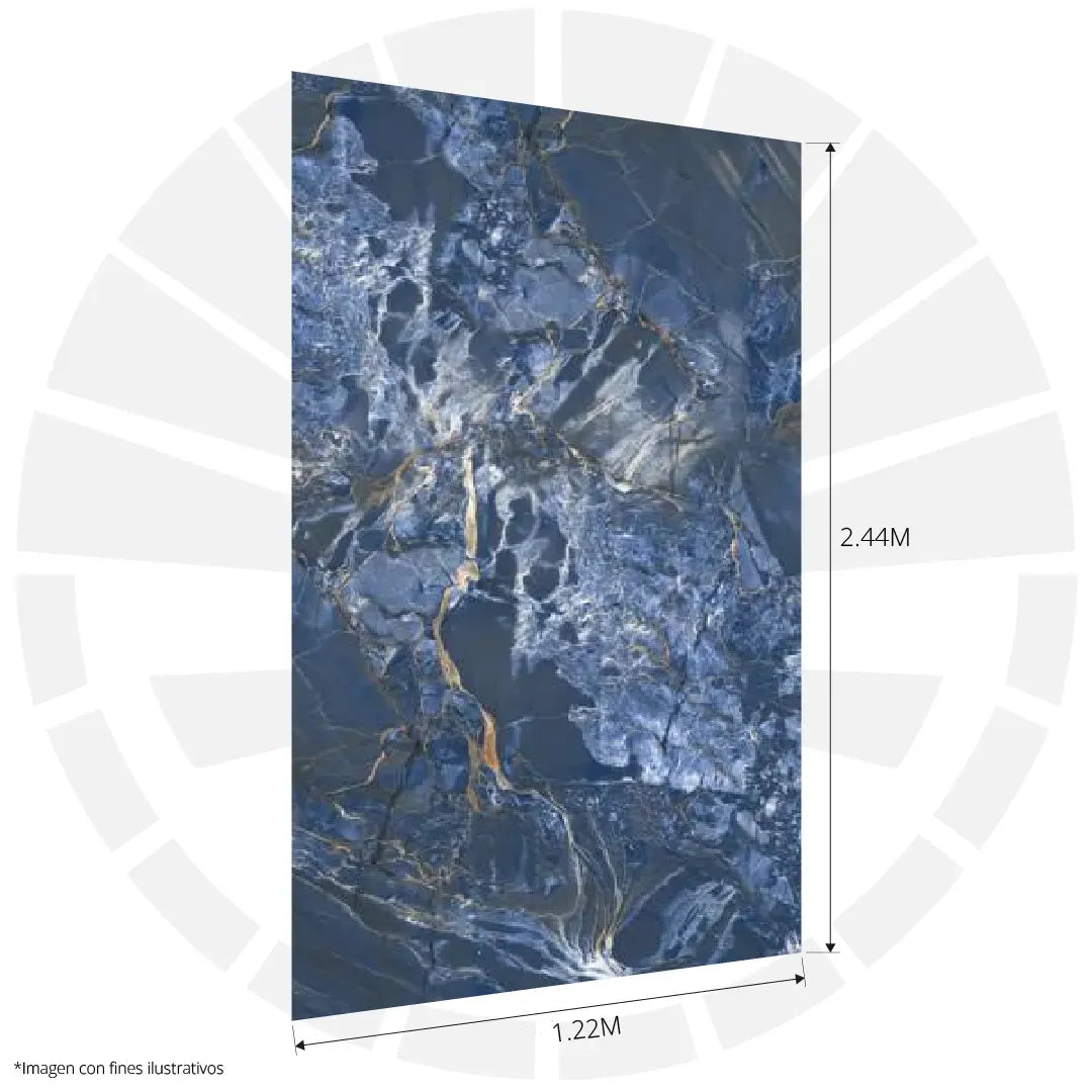 LÁMINA PVC - PANEL UV ESTILO MÁRMOL AZUL ESCALA VETA DORADA 1.22M X 2.44M / 3MM KL8291
