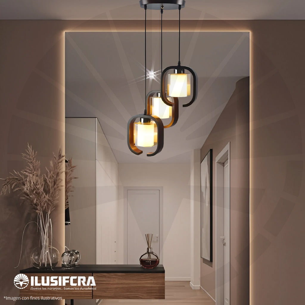LÁMPARA DE COLGAR RÚSTICA MADERA + 3 COPAS DE VIDRIO 6310-3