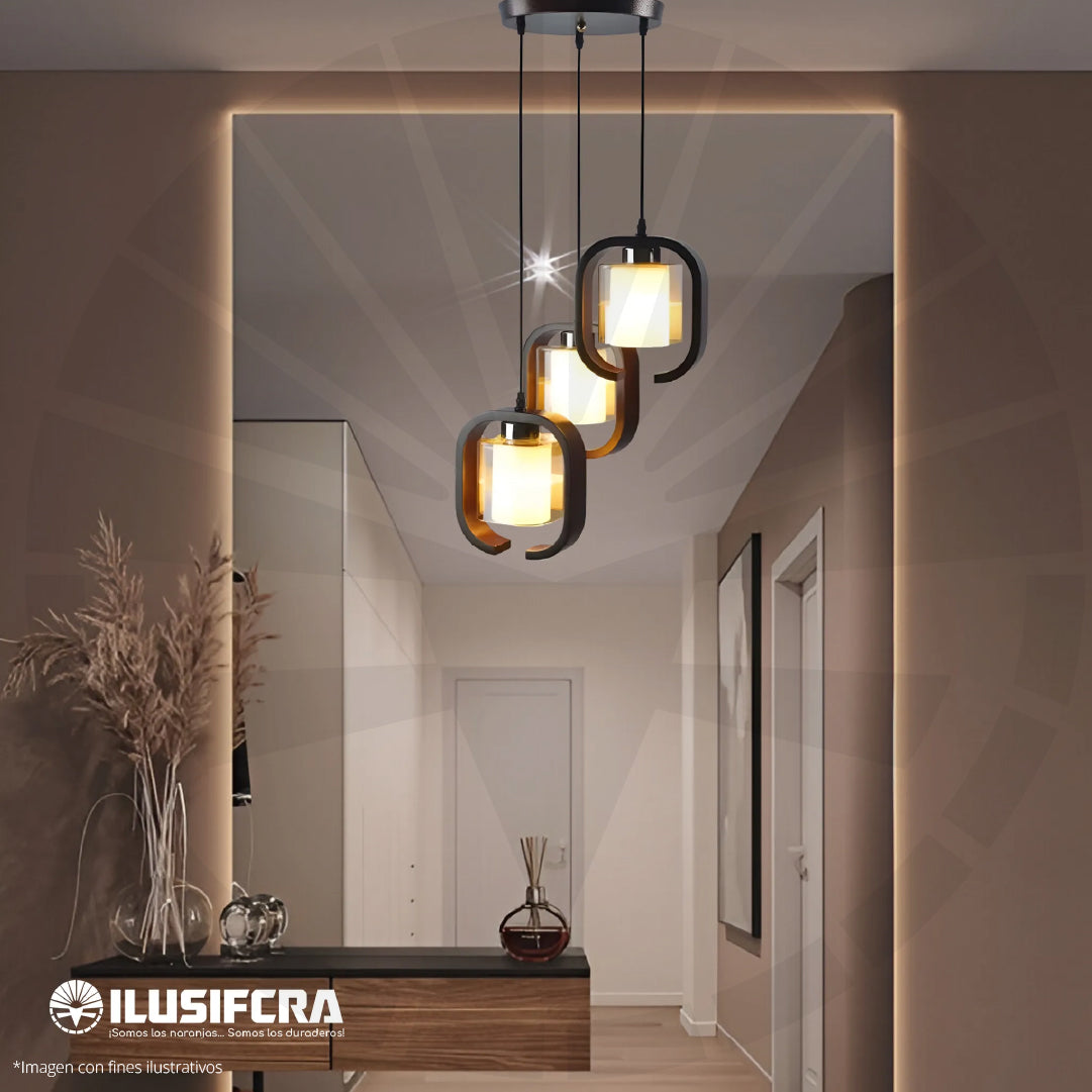 LÁMPARA DE COLGAR RÚSTICA MADERA + 3 COPAS DE VIDRIO 6310-3