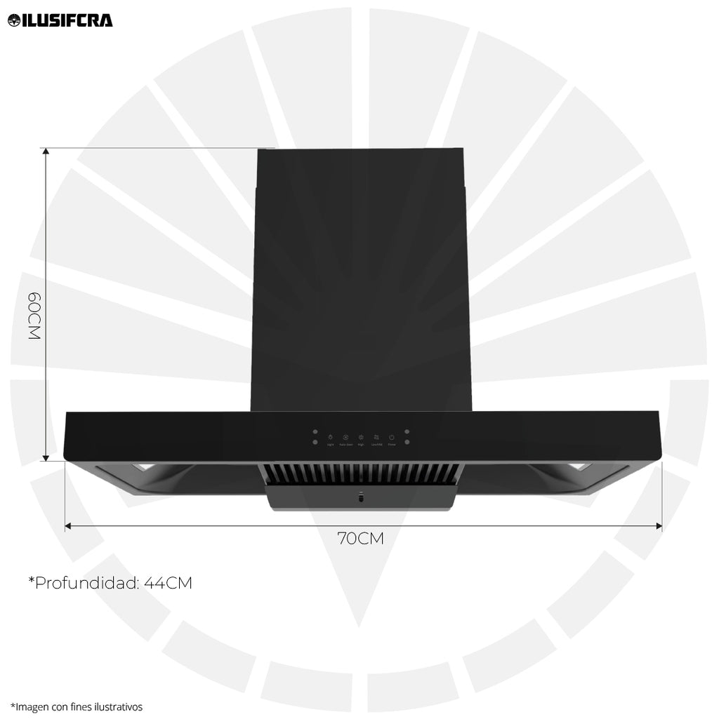 EXTRACTOR GRASA CON LUZ NEGRO EN ACERO INOXIDABLE TACTIL 62CM X 38CM X 44CM 110V 90018 ILUSIFCRA