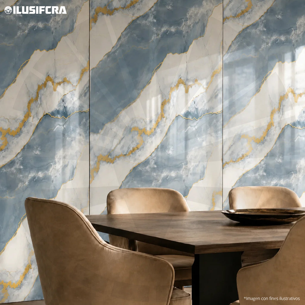 LÁMINA PVC - PANEL UV ESTILO MÁRMOL AZUL CIELO VETA DORADA SATÍN 1.22M X 2.44M / 3MM KL8024