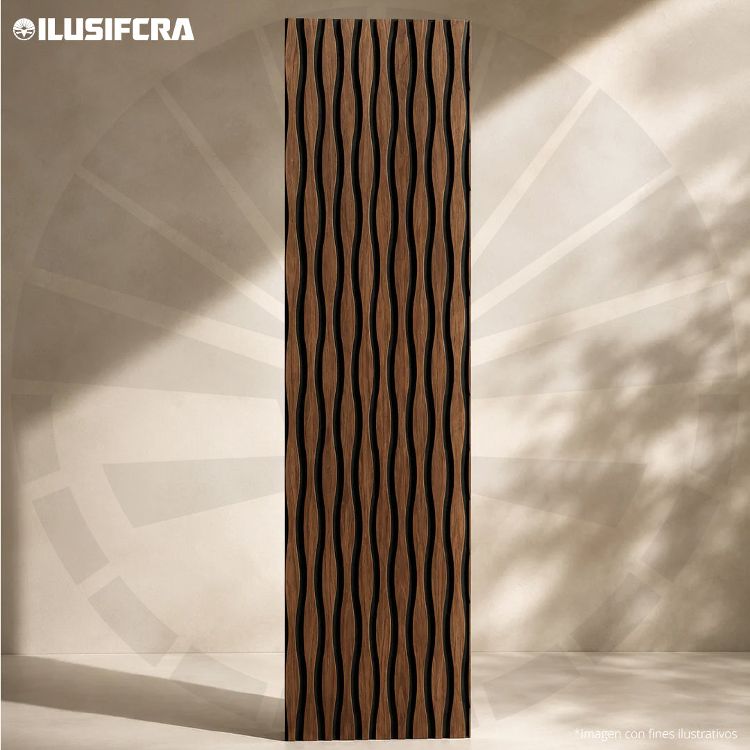 LÁMINA ACÚSTICA FIBRA DE POLIESTER P.E.S CORTINA ROBLE OSCURO 2.40MT X 60CM 17MM UNIDAD XYBCT-005B