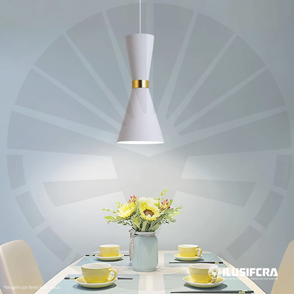 LÁMPARA DE COLGAR CONO PEQUEÑO BLANCO CON DETALLE DORADO DT-004