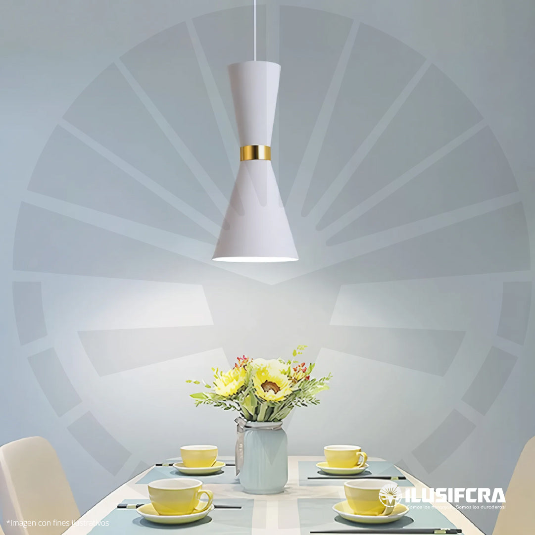 LÁMPARA DE COLGAR CONO PEQUEÑO BLANCO CON DETALLE DORADO DT-004