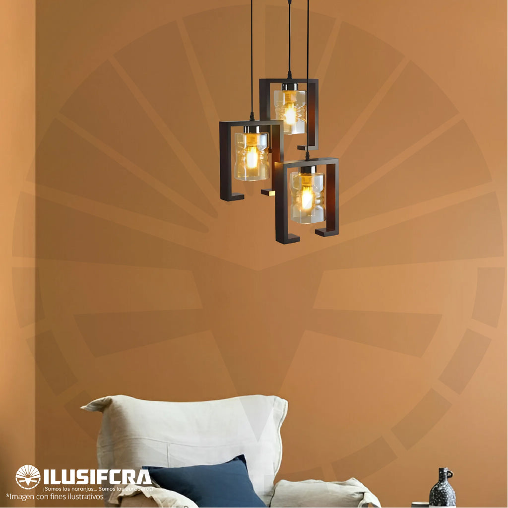 LÁMPARA DE COLGAR RÚSTICA MADERA + 3 COPAS DE VIDRIO 6311-3