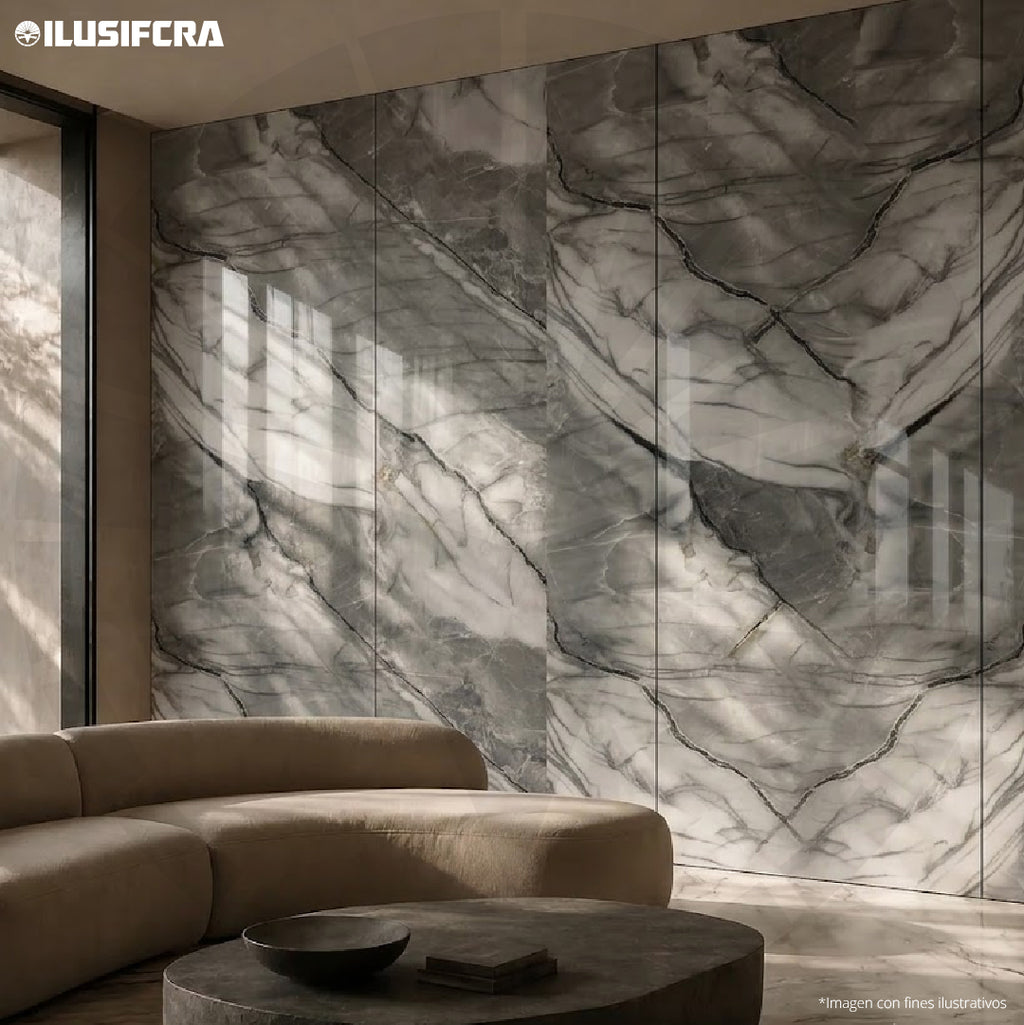 LÁMINA PVC - PANEL UV ESTILO MÁRMOL ESCALA GRIS GLACEADO 1.22M X 2.44M / 3MM KL8257