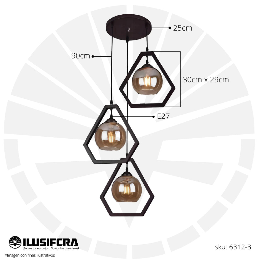 LÁMPARA DE COLGAR RÚSTICA MADERA + 3 COPAS DE VIDRIO 6312-3