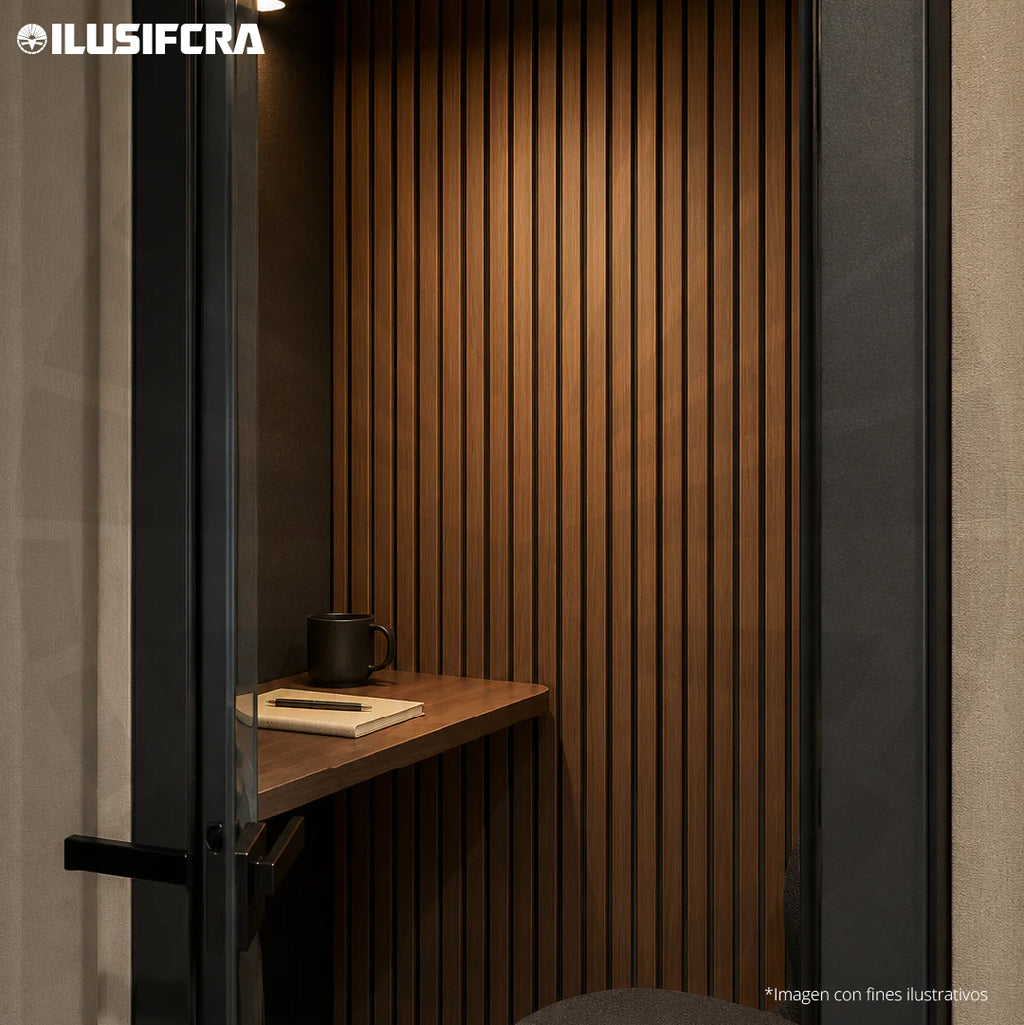 LÁMINA ACÚSTICA FIBRA DE POLIESTER P-E-S ACANALADA ROBLE OSCURO 2.40MT X 60CM 17MM UNIDAD XYBCT-001A