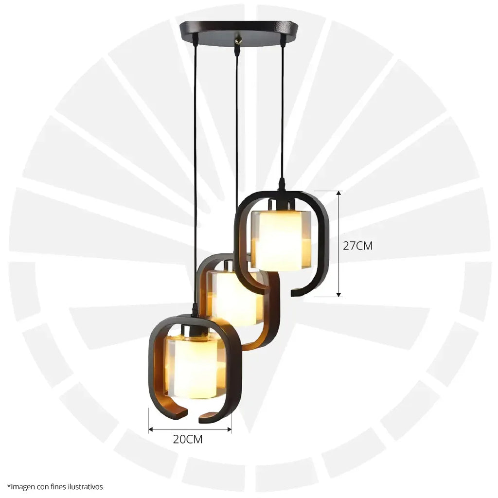 LÁMPARA DE COLGAR RÚSTICA MADERA + 3 COPAS DE VIDRIO 6310-3