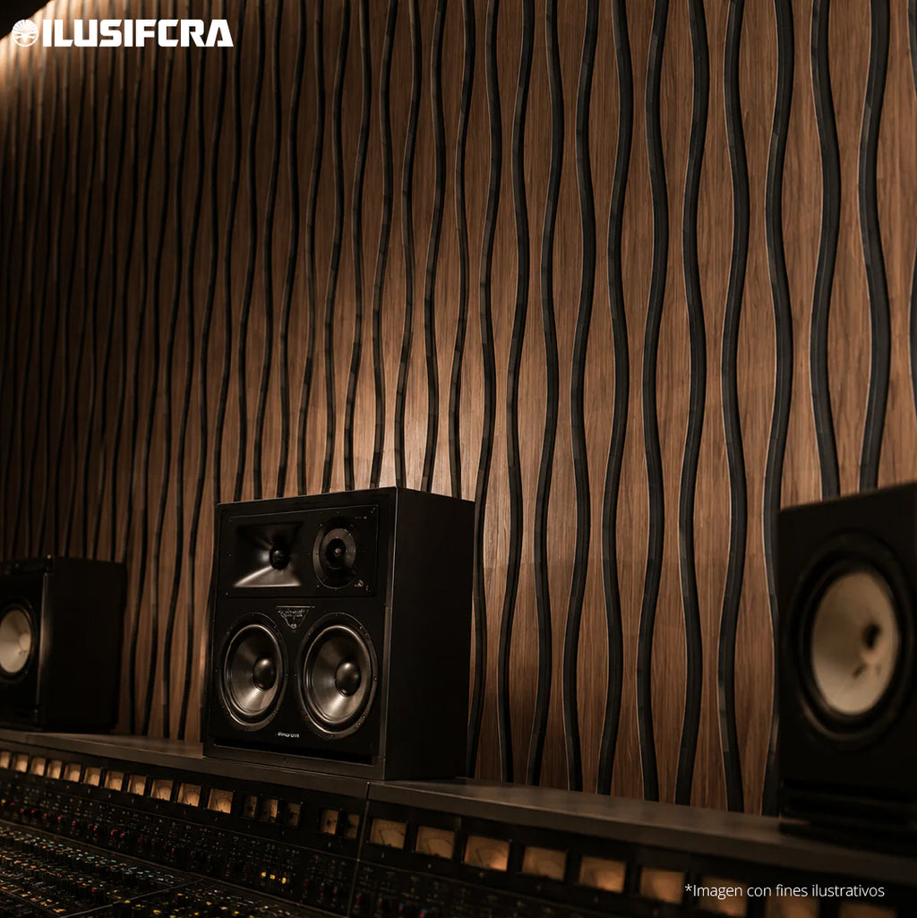 LÁMINA ACÚSTICA FIBRA DE POLIESTER P.E.S CORTINA ROBLE OSCURO 2.40MT X 60CM 17MM UNIDAD XYBCT-005B