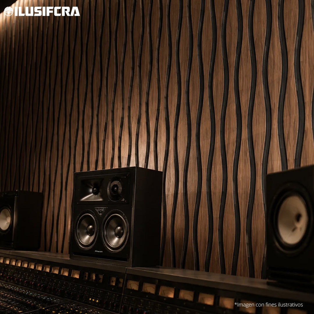 LÁMINA ACÚSTICA FIBRA DE POLIESTER P.E.S CORTINA ROBLE OSCURO 2.40MT X 60CM 17MM UNIDAD XYBCT-005B