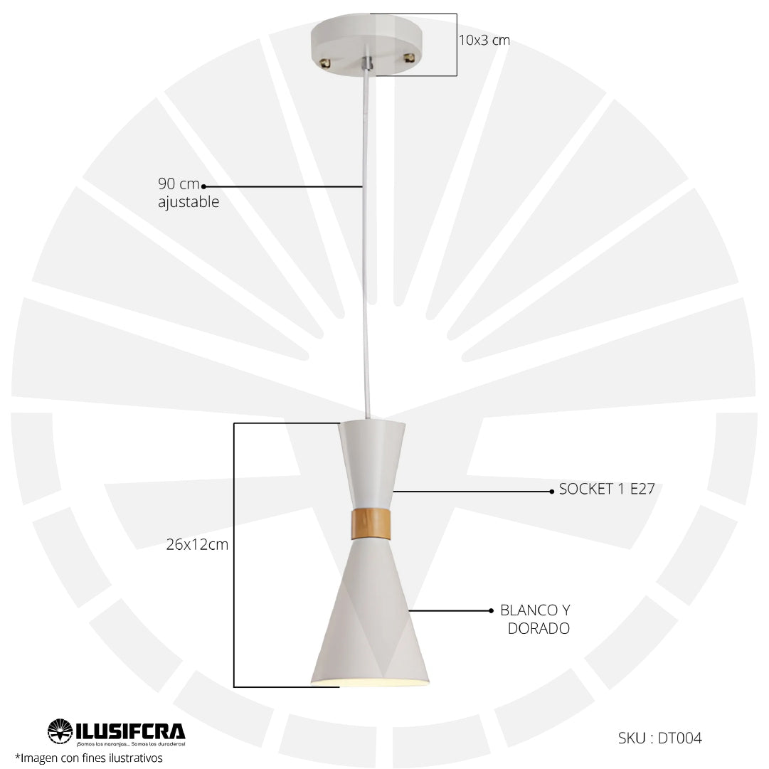 LÁMPARA DE COLGAR CONO PEQUEÑO BLANCO CON DETALLE DORADO DT-004