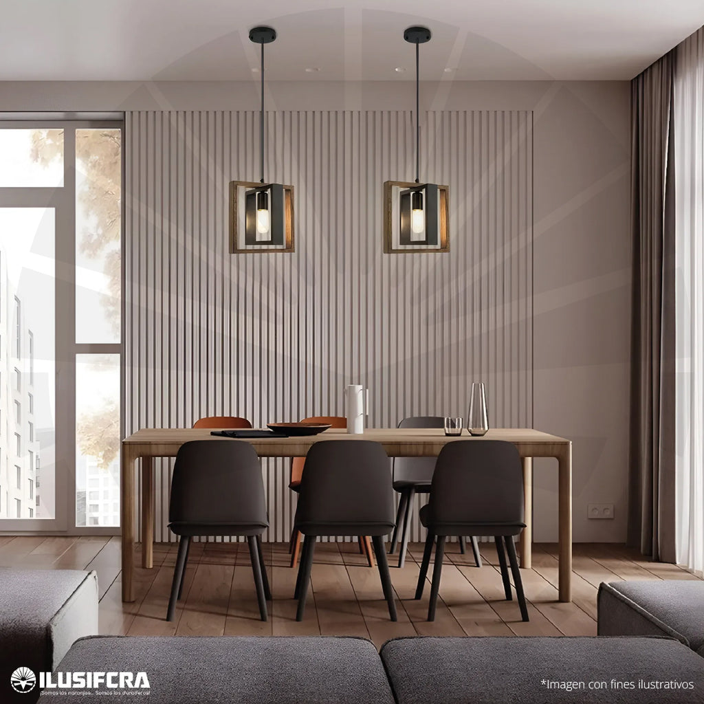 LÁMPARA DE COLGAR T5118-1 CUADRADO MADERA RÚSTICO