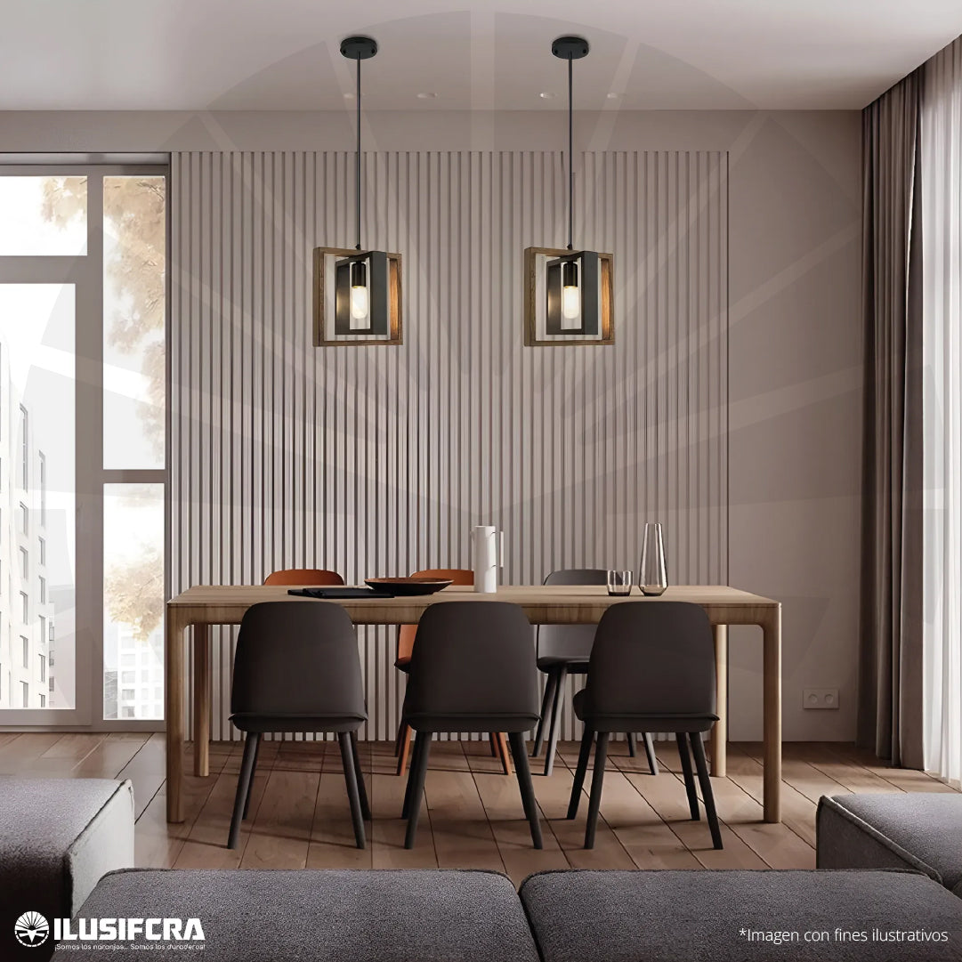 LÁMPARA DE COLGAR T5118-1 CUADRADO MADERA RÚSTICO