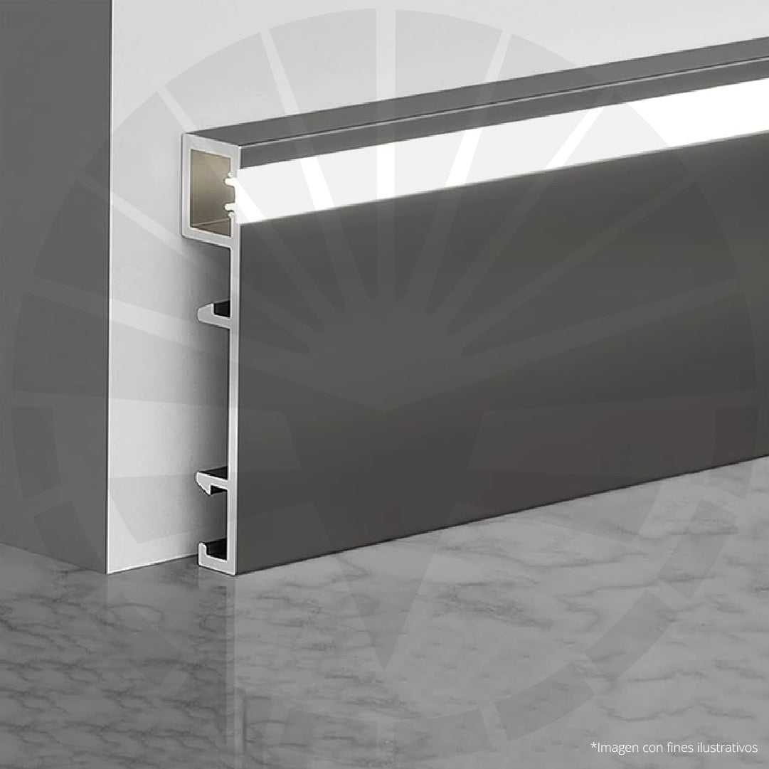 RODAPIE PLATEADO EN ALUMINIO CON PERFIL PARA LED FRONTAL 8CM X 2,50M PGY-1080AP