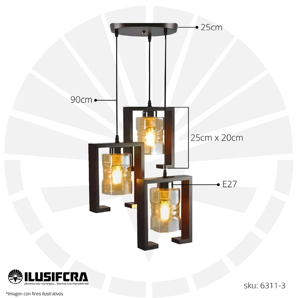 LÁMPARA DE COLGAR RÚSTICA MADERA + 3 COPAS DE VIDRIO 6311-3