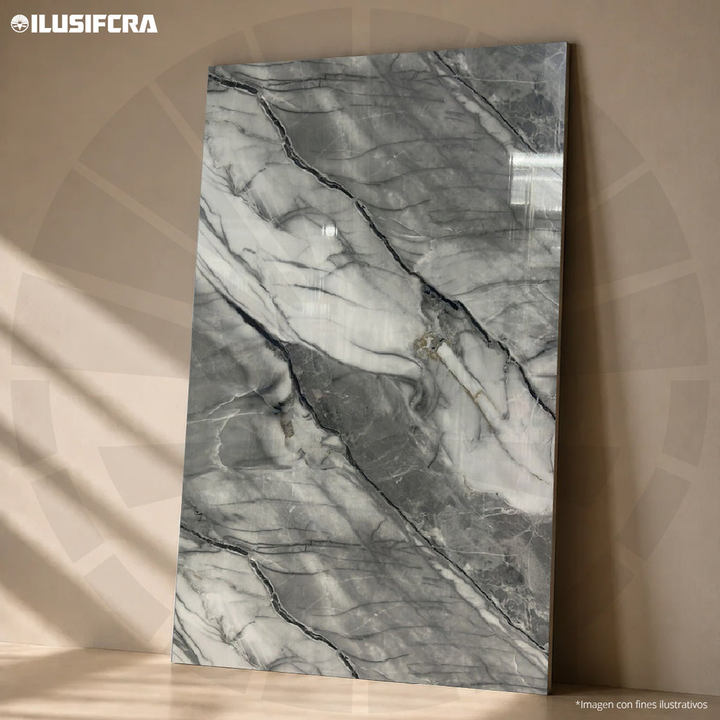 LÁMINA PVC - PANEL UV ESTILO MÁRMOL ESCALA GRIS GLACEADO 1.22M X 2.44M / 3MM KL8257