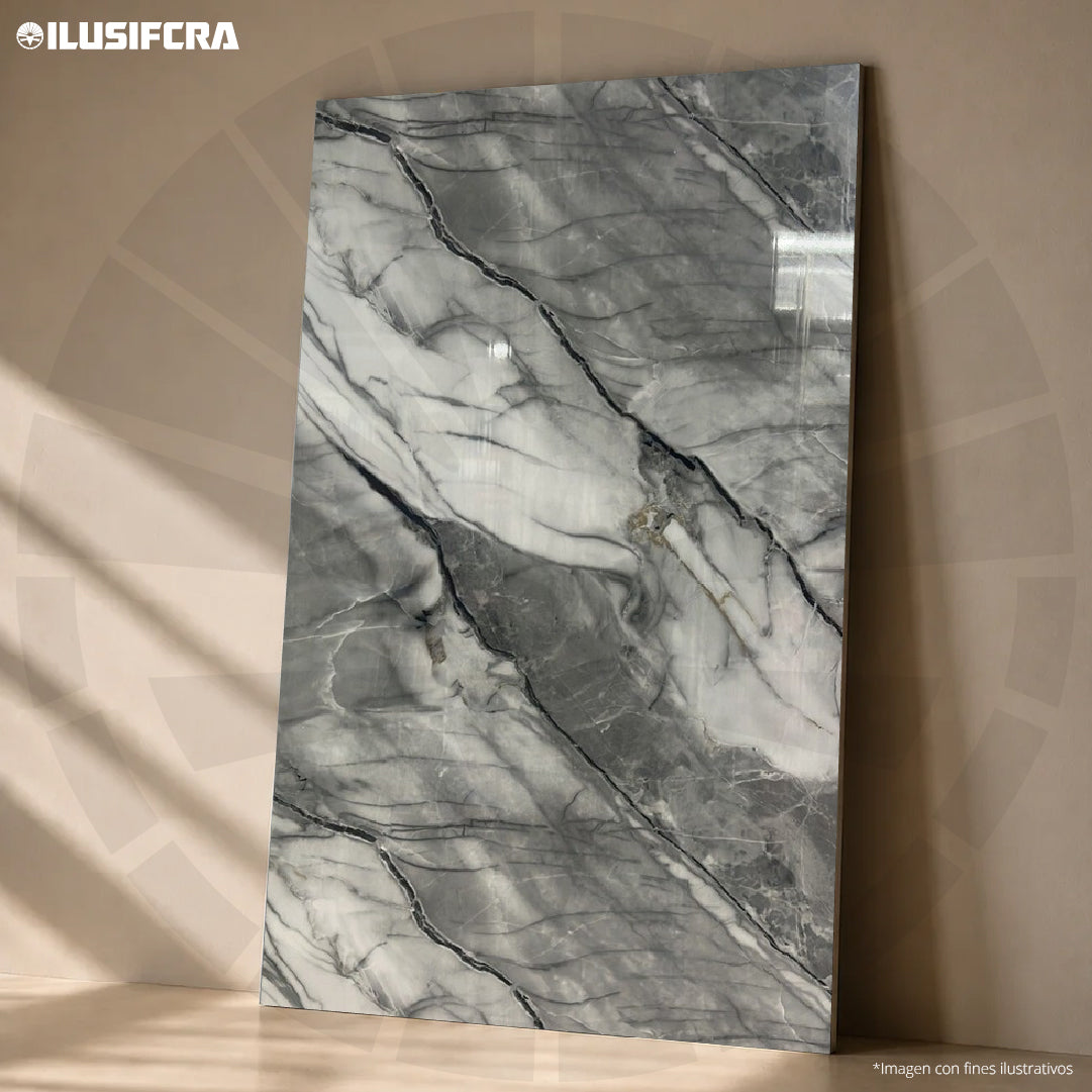LÁMINA PVC - PANEL UV ESTILO MÁRMOL ESCALA GRIS GLACEADO 1.22M X 2.44M / 3MM KL8257