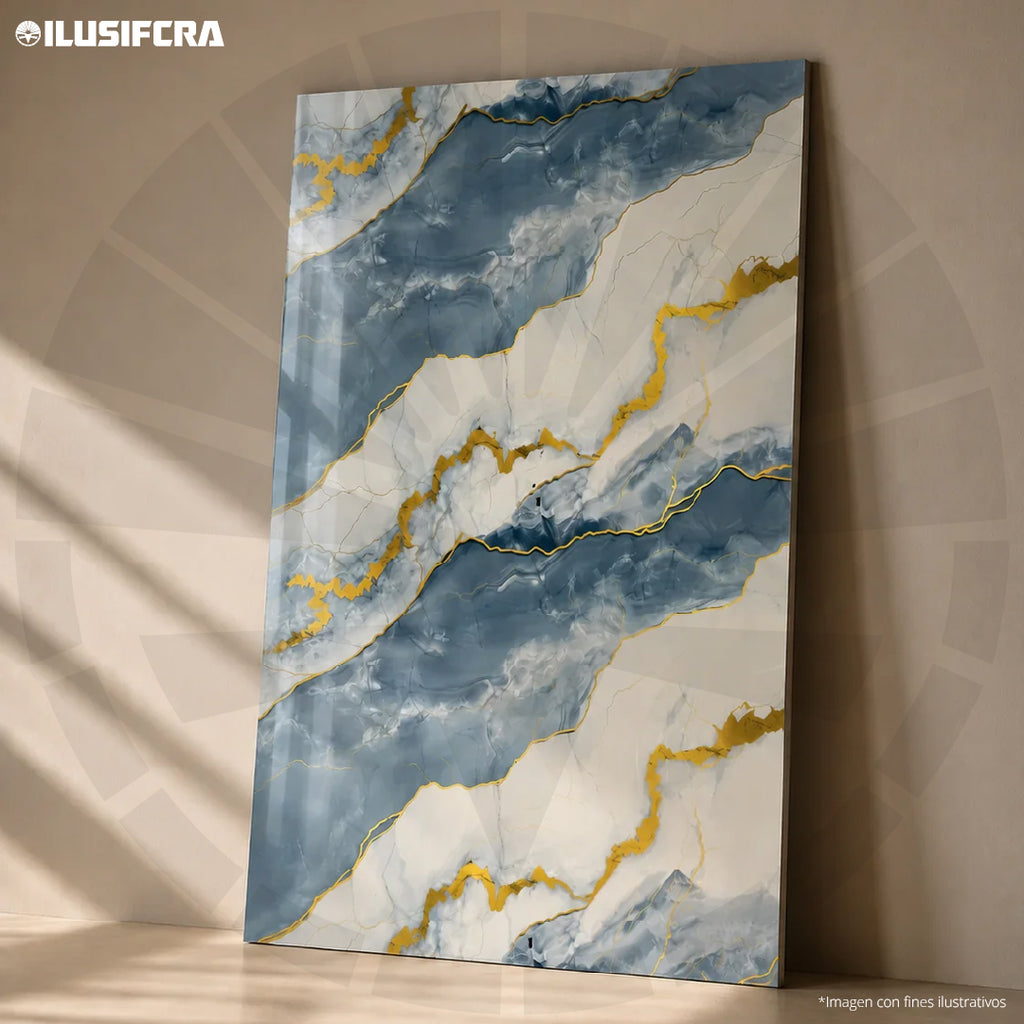LÁMINA PVC - PANEL UV ESTILO MÁRMOL AZUL CIELO VETA DORADA SATÍN 1.22M X 2.44M / 3MM KL8024