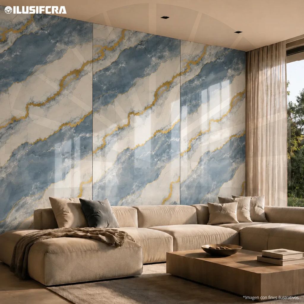 LÁMINA PVC - PANEL UV ESTILO MÁRMOL AZUL CIELO VETA DORADA SATÍN 1.22M X 2.44M / 3MM KL8024