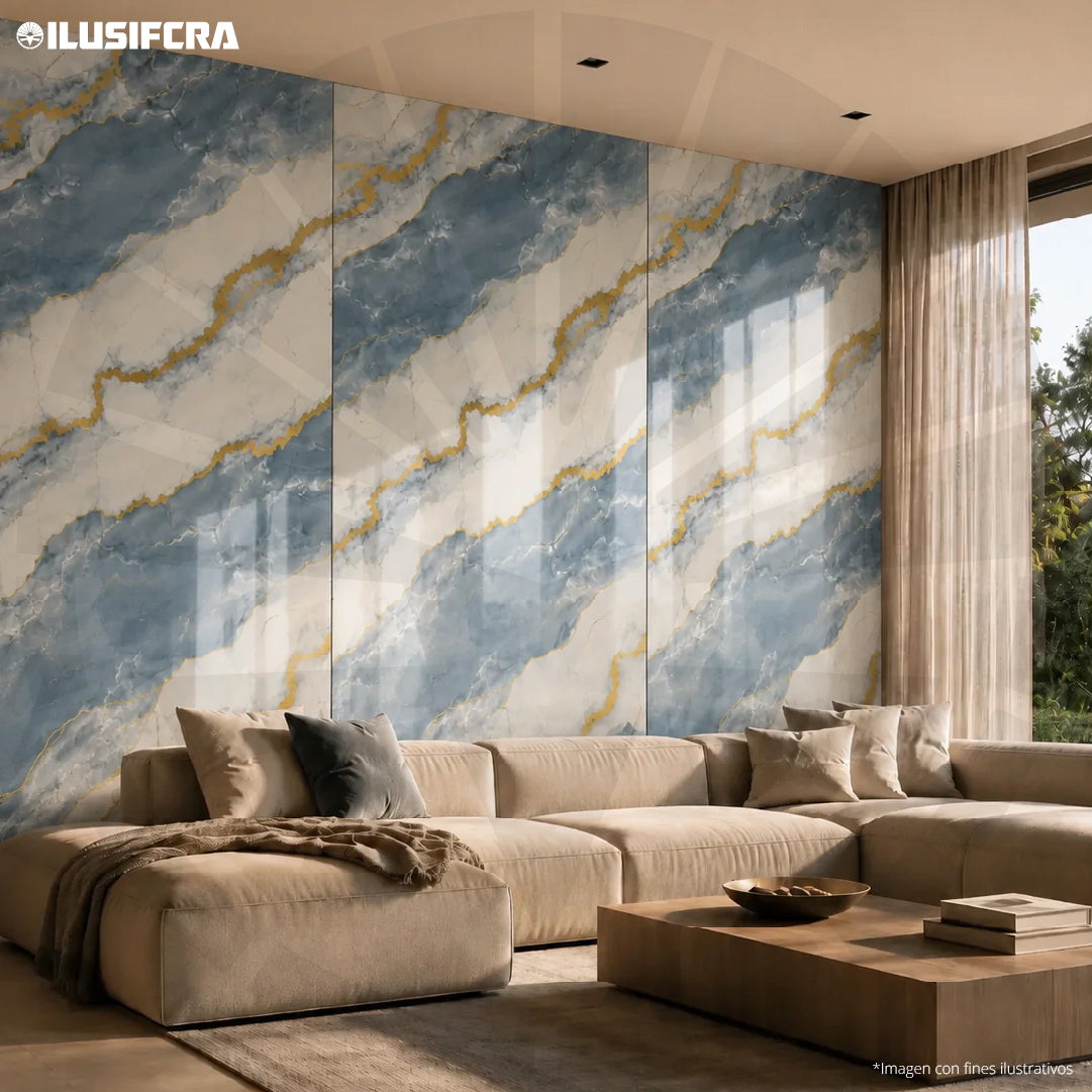 LÁMINA PVC - PANEL UV ESTILO MÁRMOL AZUL CIELO VETA DORADA SATÍN 1.22M X 2.44M / 3MM KL8024