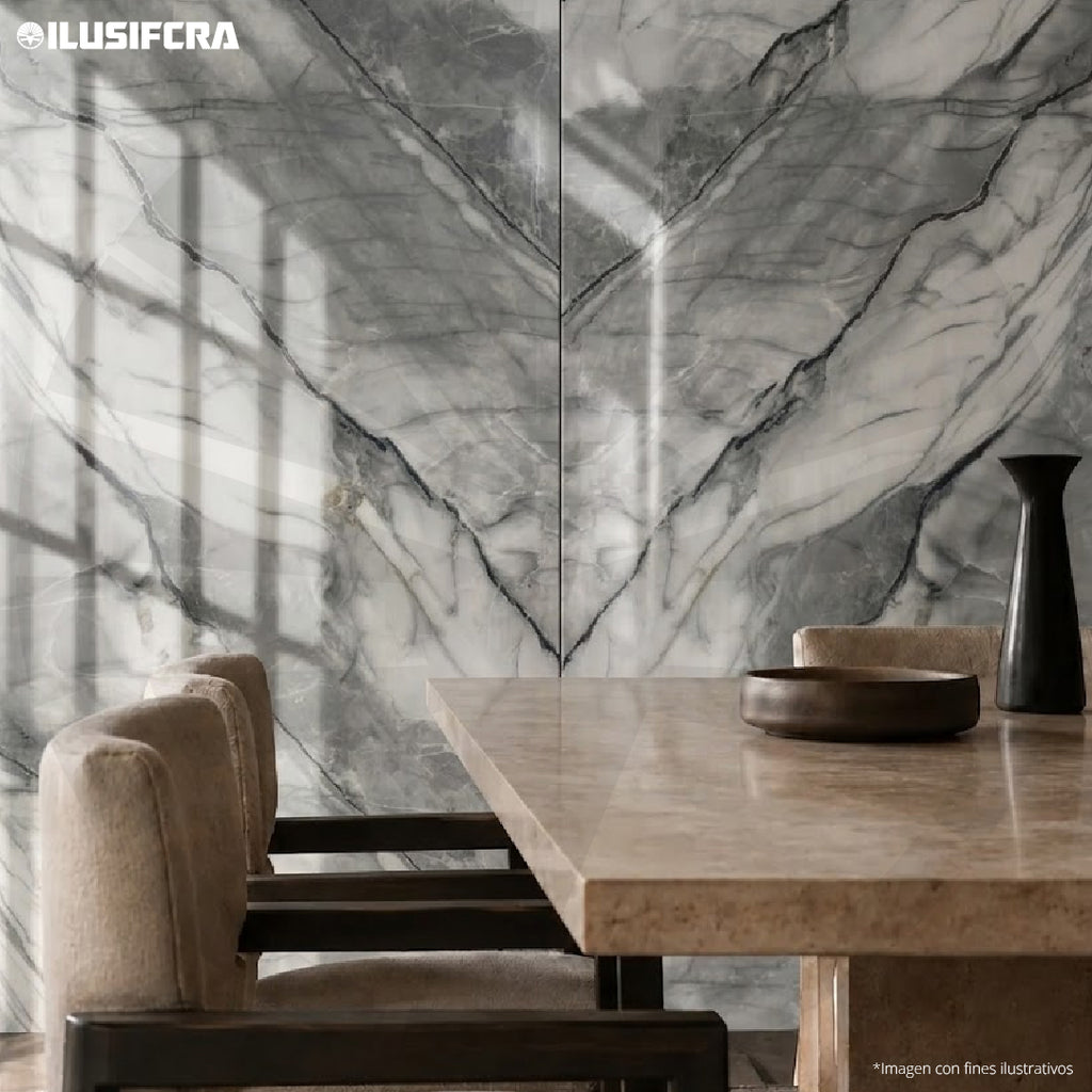 LÁMINA PVC - PANEL UV ESTILO MÁRMOL ESCALA GRIS GLACEADO 1.22M X 2.44M / 3MM KL8257