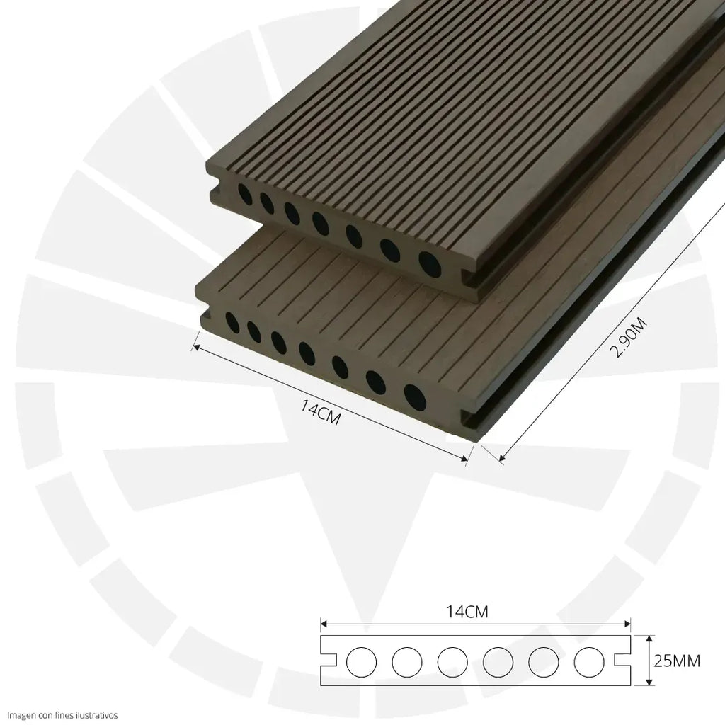 LÁMINA PARA PISO ESTILO DECK WPC ACABADO ROBLE OSCURO 14CM X 25MM X 2.90M