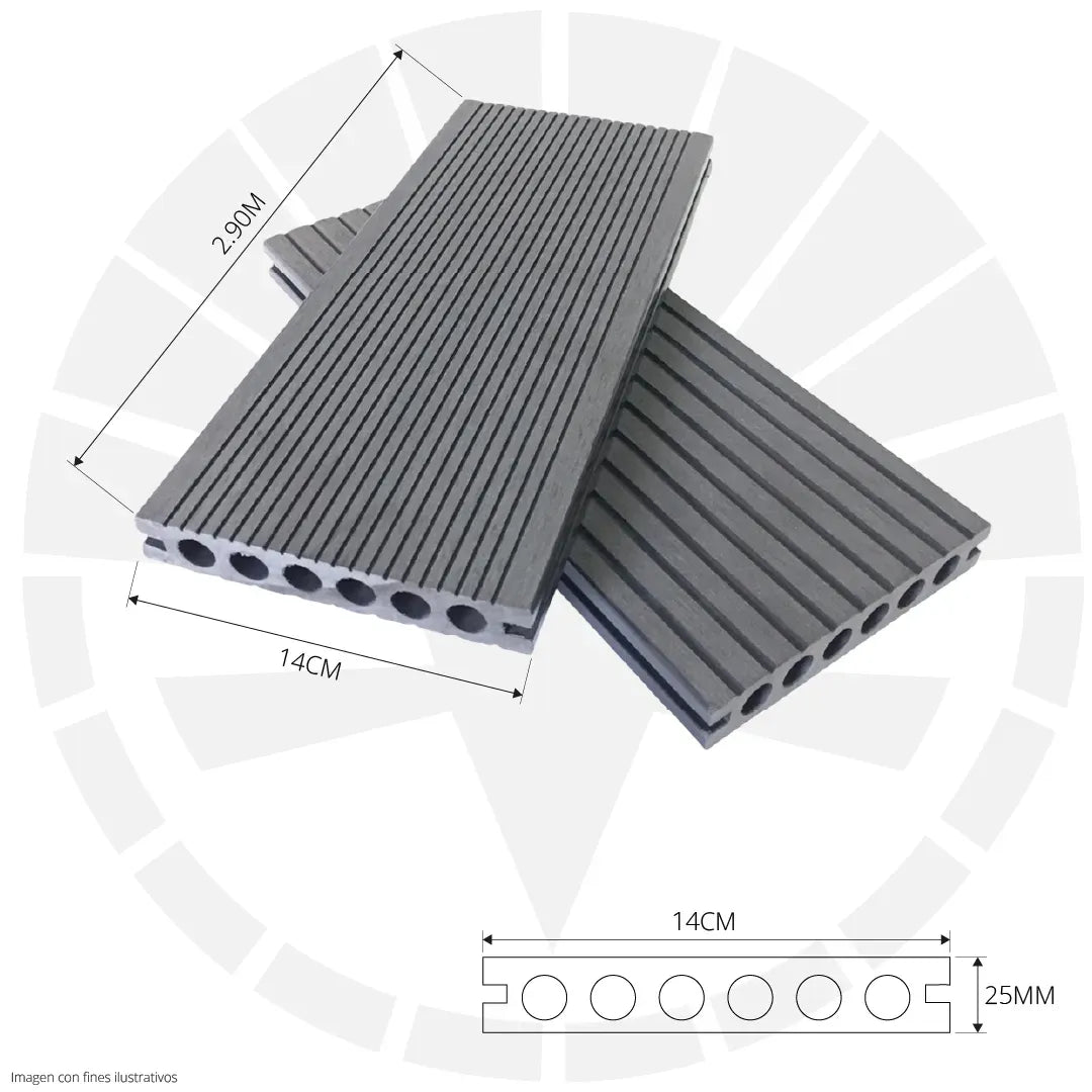 LÁMINA DE PISO ESTILO DECK WPC ACABADO GRIS CENIZA 14CM X 25MM X 2.90M